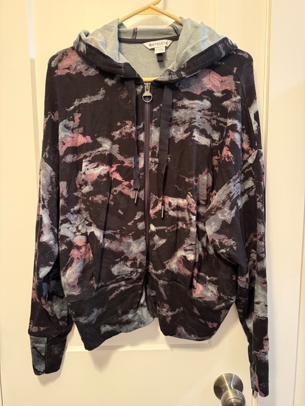 Athleta Women's Black Marble-Print Zip Hoodie with Pink & Blue Accents size M
